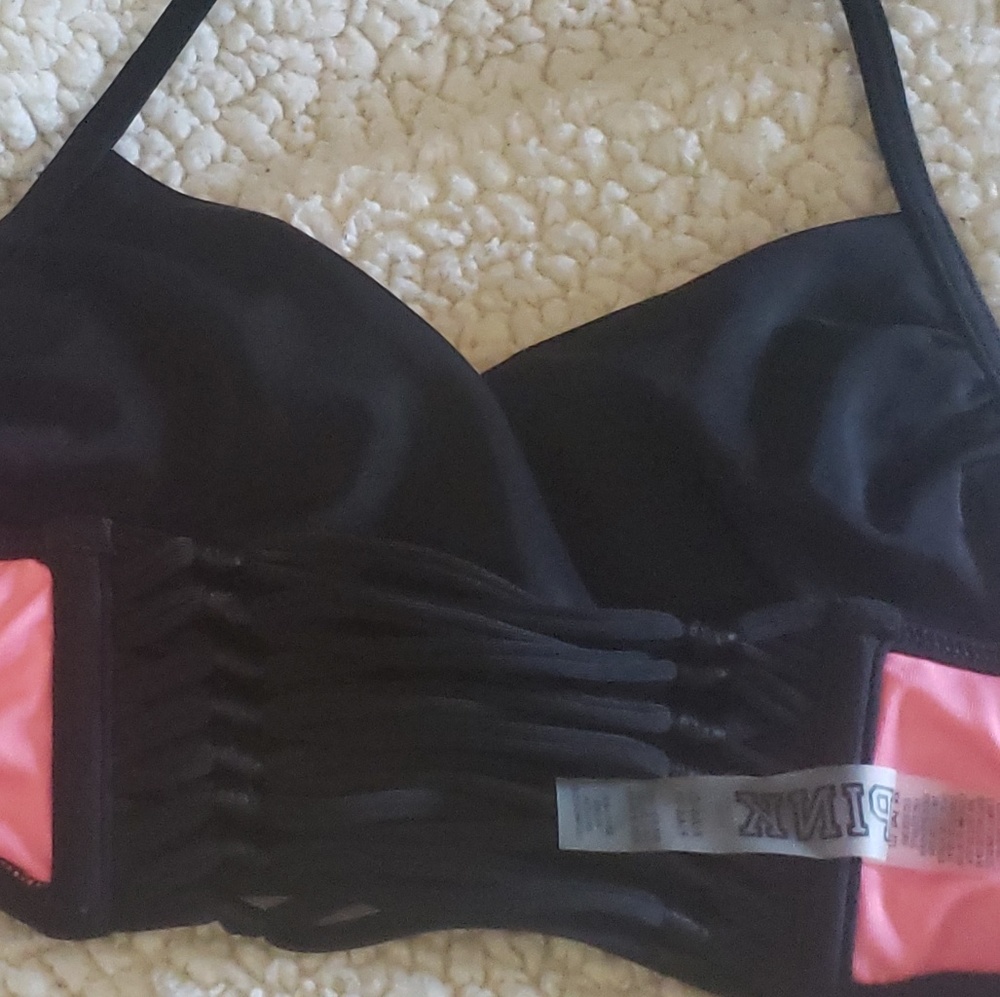 PINK Victoria's Secret Swim Bikini top Size Small Black Pink Preloved Vintage - Picture 8 of 15